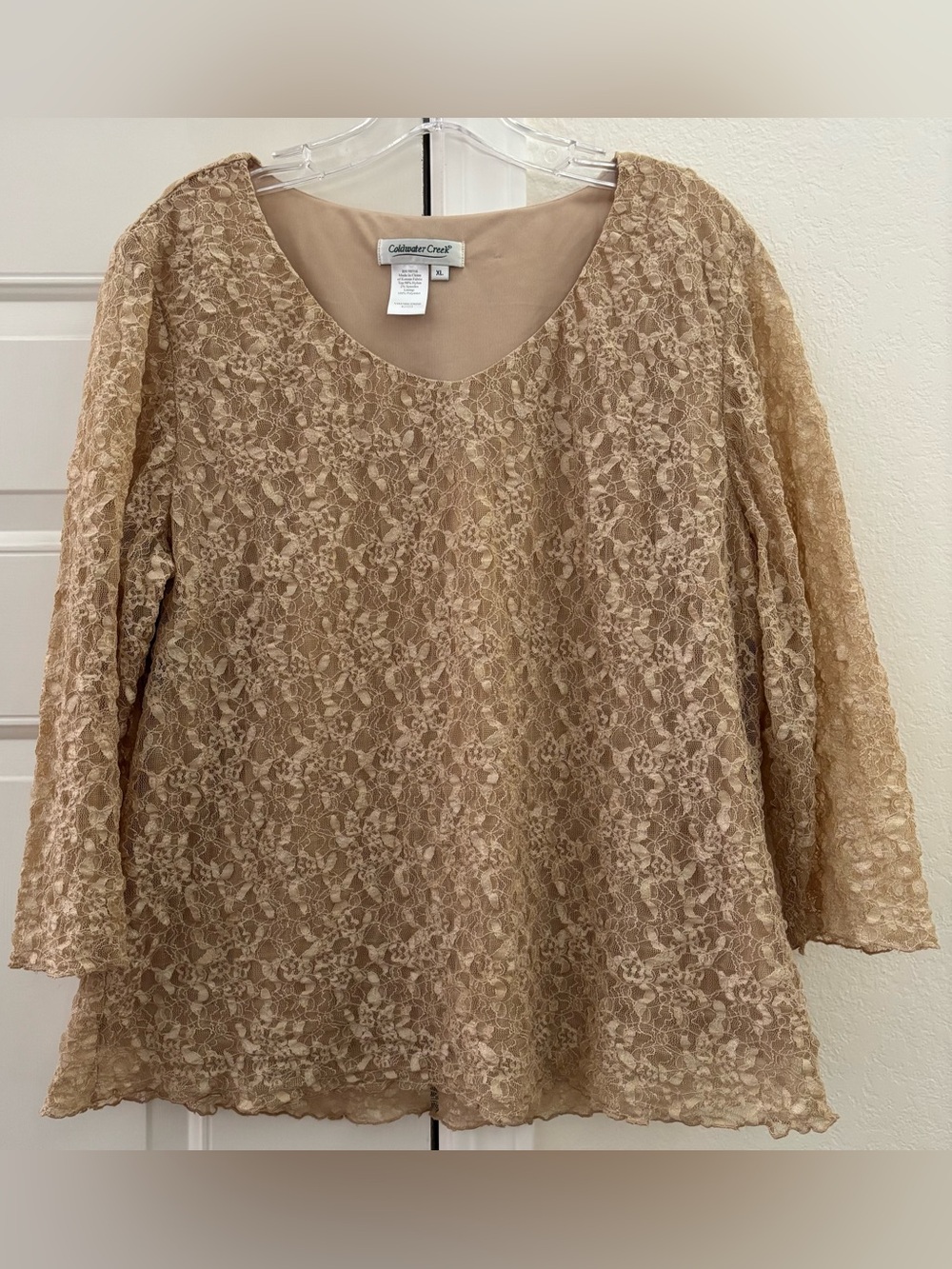 Coldwater Creek Beige/ Gold Floral Lace Scoop Neck Blouse with Lining